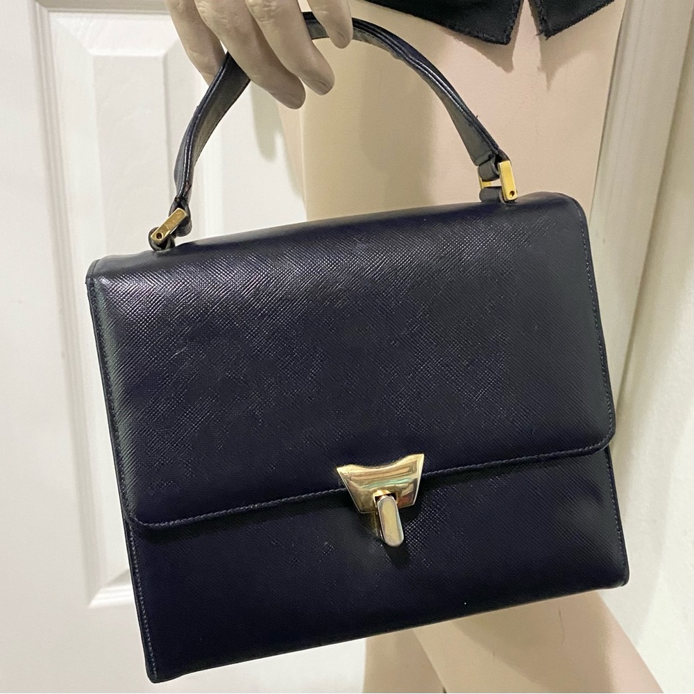 Vintage BIENEN DAVIS Black Leather Top Handle Art Deco Toggle Clasp Handbag